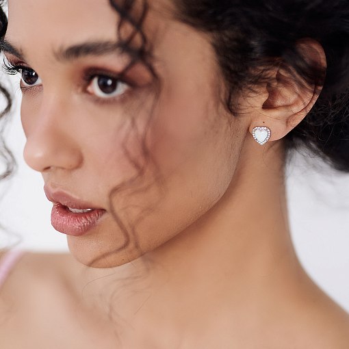 Золотые серьги - пусеты "Сердечки" (опал, фианит) с06328 2