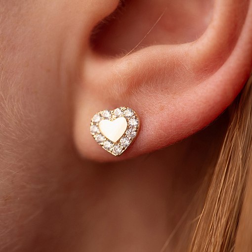 Серьги - пусеты "Сердечки" с фианитами (желтое золото) с08110 3