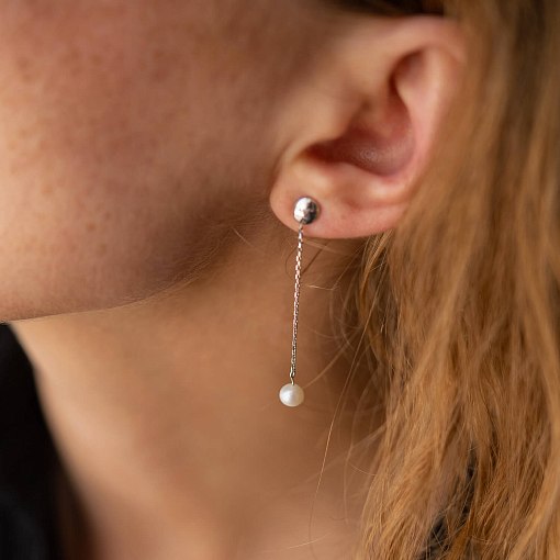 Серьги - пусеты "Жемчужина на цепочке" в белом золоте с08302 9