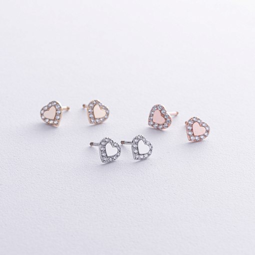 Серьги - пусеты "Сердечки" с фианитами (желтое золото) с08110 5