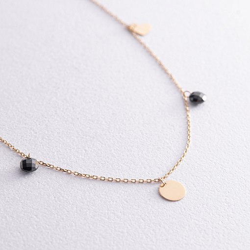 Золотой браслет "Сердечки и монетка" на ногу (черные фианиты) б04796 7