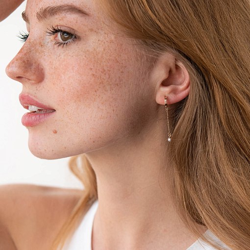 Золотые серьги - пусеты "Миранда" с жемчугом на цепочке с07939 2