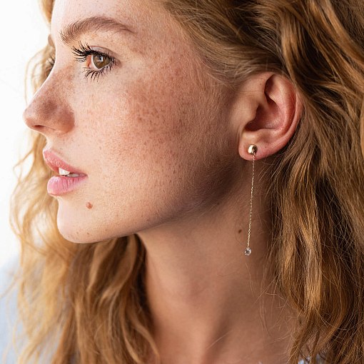 Серьги - пусеты "Фианит на цепочке" в красном золоте с08038 3