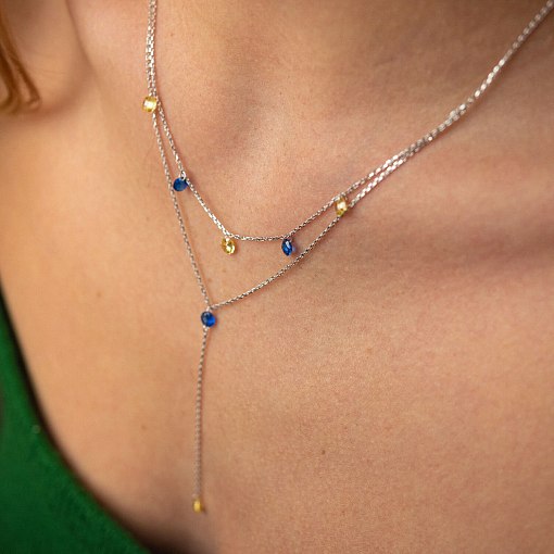 Двойное золотое колье - галстук "Украинка" (синие и желтые фианиты) кол02332 8