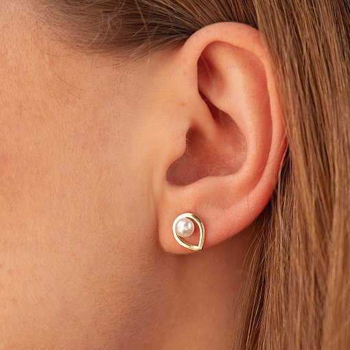 Серьги - пусеты "Капельки" с жемчугом (желтое золото) с08732 4