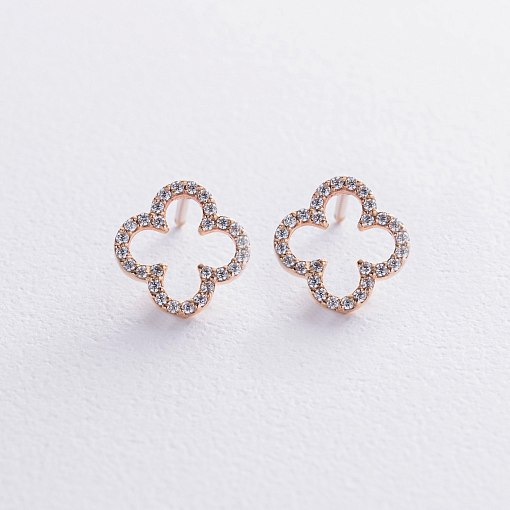 Серьги - пусеты "Клевер" с фианитами (красное золото) с08442 2