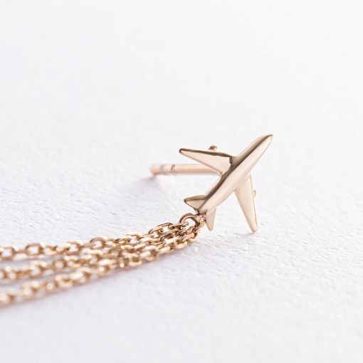 Серьга - каффа "Самолет" в желтом золоте с цепочками с08385 4