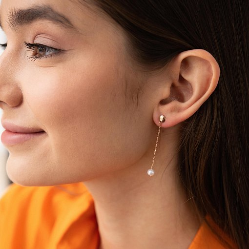 Серьги - пусеты "Жемчужина на цепочке" в красном золоте с08292 6