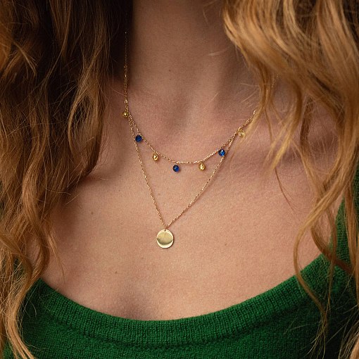 Двойное золотое колье "Украинка" с монеткой (синие и желтые фианиты) кол02325 2