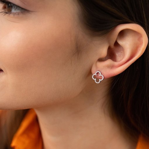 Золотые серьги - пусеты "Клевер" с фианитами с08284 2