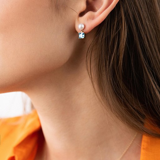 Золотые серьги - пусеты "Альма" (голубые фианиты, жемчуг) с08253 10