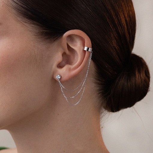 Серьга - каффа "Тринити" в белом золоте с цепочками (фианит) с08020 2