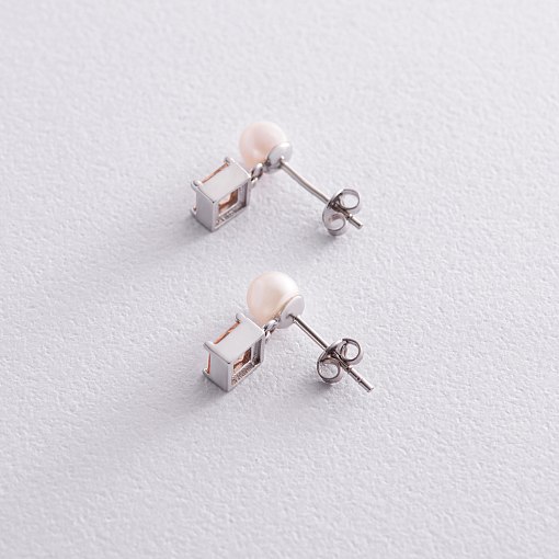 Золотые серьги - пусеты "Альма" (оранжевые фианиты, жемчуг) с08249 6