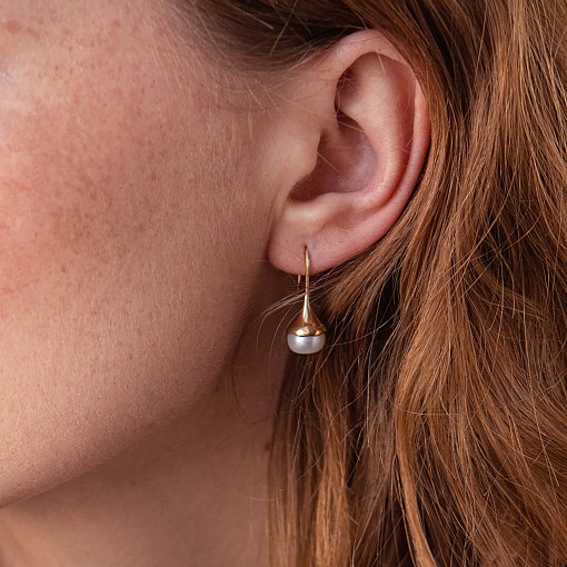 Золотые серьги - петельки с жемчугом с07865 3