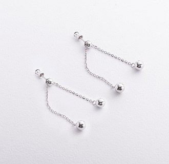 Серьги - пусеты с шариками на цепочке (белое золото) 580142в №4