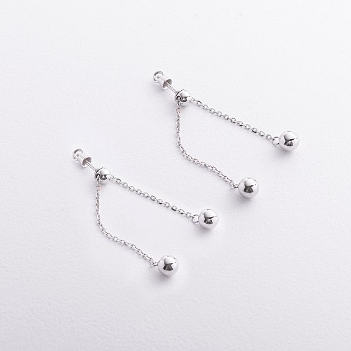Серьги - пусеты с шариками на цепочке (белое золото) 580142в 4