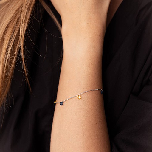 Браслет "Украинка" в белом золоте (синие и желтые фианиты) б05119 5