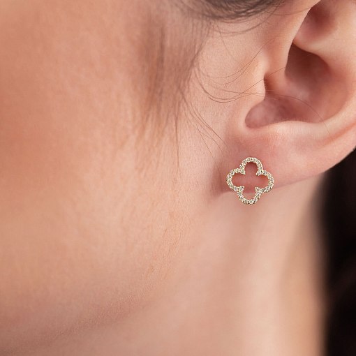 Серьги - пусеты "Клевер" с фианитами (желтое золото) с08436 7