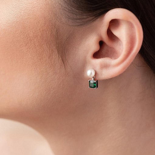Золотые серьги - пусеты "Альма" (зеленые фианиты, жемчуг) с08248 6