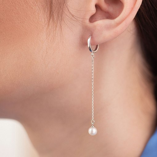 Серьги - кольца "Жемчужина на цепочке" в белом золоте с08357 4