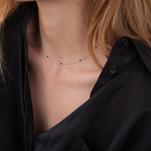 Колье в белом золоте (синяя и желтая эмаль) кол02247 10