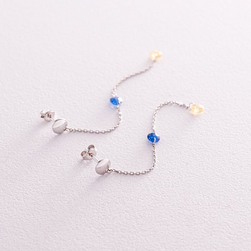 Висячие золотые серьги - пусеты "Украинка" (голубые и желтые фианиты) с08101 3