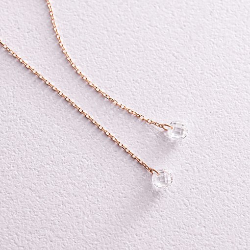 Серьги - пусеты "Фианит на цепочке" в красном золоте с08038 4