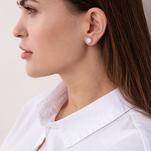 Золотые серьги-пусеты "Сияние" (синт. опал, фианиты) 9 мм с07440 2