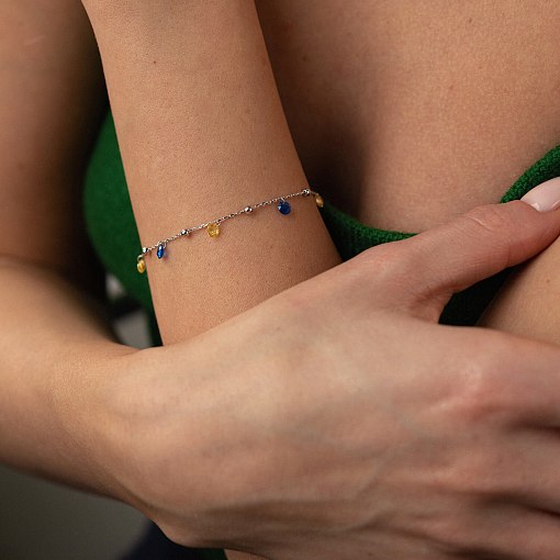 Браслет "Независимая" с шариками в белом золоте (синие и желтые фианиты) б05171 6