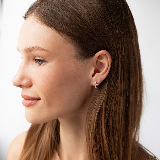 Серьги - кольца "Крестики" с фианитами (желтое золото) с09192 2