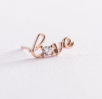 Золотая моносерьга "Love" с фианитом с07479