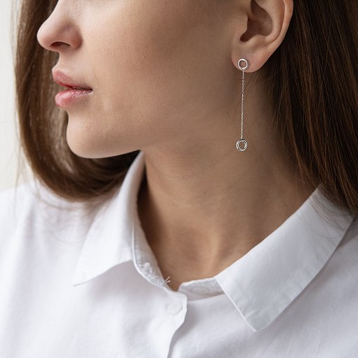 Серьги "Кружочки" на цепочке в белом золоте с07276 2