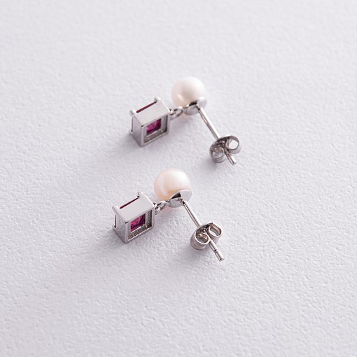 Золотые серьги - пусеты "Альма" (розовые фианиты, жемчуг) с08247 5