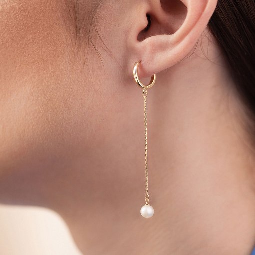 Серьги - кольца "Жемчужина на цепочке" в желтом золоте с08356 2