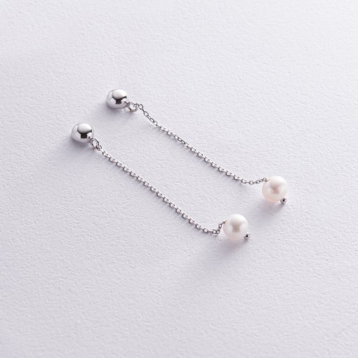 Серьги - пусеты "Жемчужина на цепочке" в белом золоте с08313 5