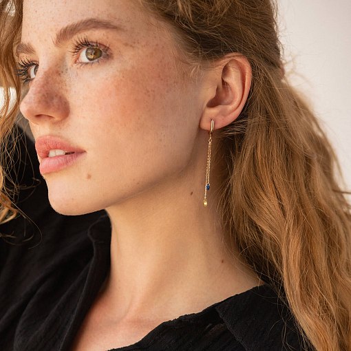 Висячие золотые серьги "Украинка" (голубые и желтые фианиты) с08384 2