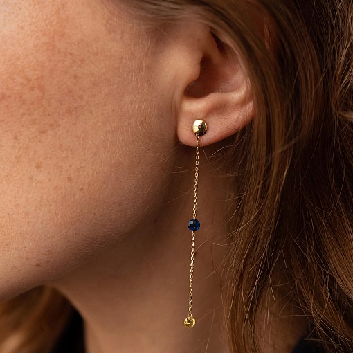 Висячие золотые серьги - пусеты "Украинка" (голубые и желтые фианиты) с08104 2