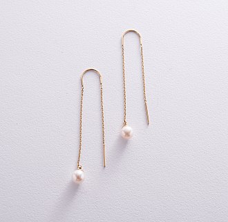 Сережки - протяжки з перлами (жовте золото) с08266 №2