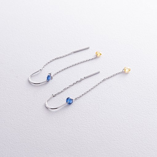 Золотые серьги - протяжки "Украинка" (голубые и желтые фианиты) с08390 4