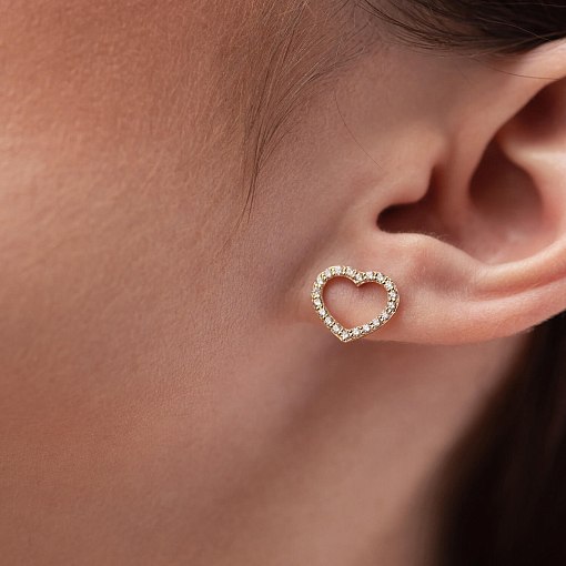 Золотые серьги - пусеты "Сердечки" с фианитами с08443 5