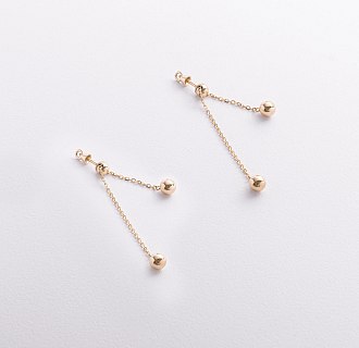 Серьги - пусеты с шариками на цепочке (желтое золото) 580142м