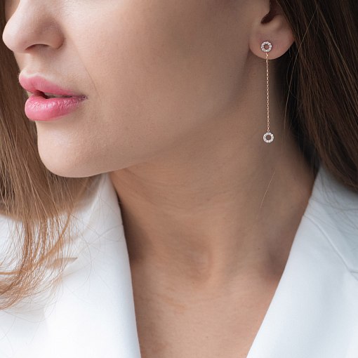 Серьги - пусеты "Кружочки" в красном золоте (фианиты) с07270 6