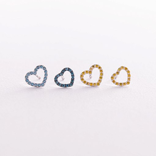 Золотые серьги - пусеты "Сердечки" с голубыми и желтыми бриллиантами 327111121 9