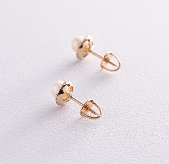 Золоті сережки - пусети з перлами і фіанітами с08168 №2