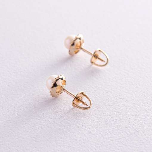 Золотые серьги - пусеты с жемчугом и фианитами с08168 2