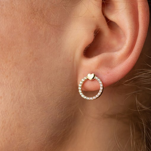 Серьги - пусеты "Сердечки" с фианитами (желтое золото) с08466 4