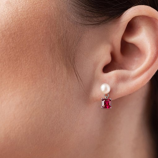 Золотые серьги - пусеты "Альма" (розовые фианиты, жемчуг) с08247 8