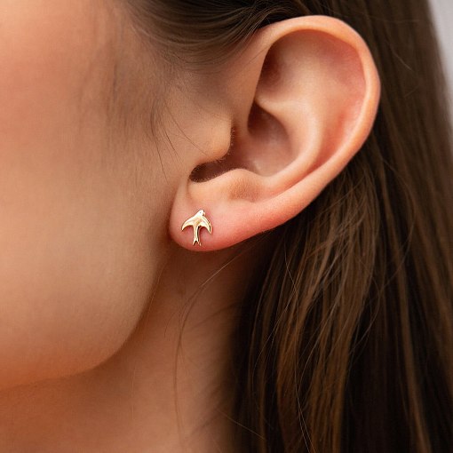 Серьги - пусеты "Маленькие ласточки" в желтом золоте с08278 2