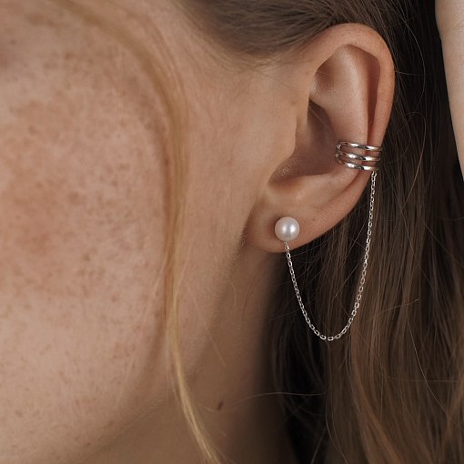 Серьга - каффа "Тринити" с жемчужиной (белое золото) с08251 9