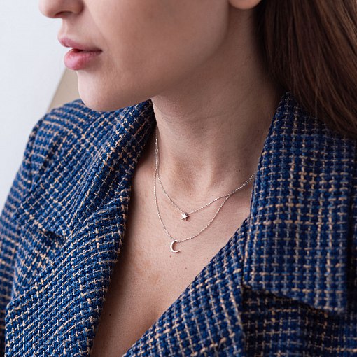 Двойное колье "Звезда и луна" в белом золоте кол01872 2